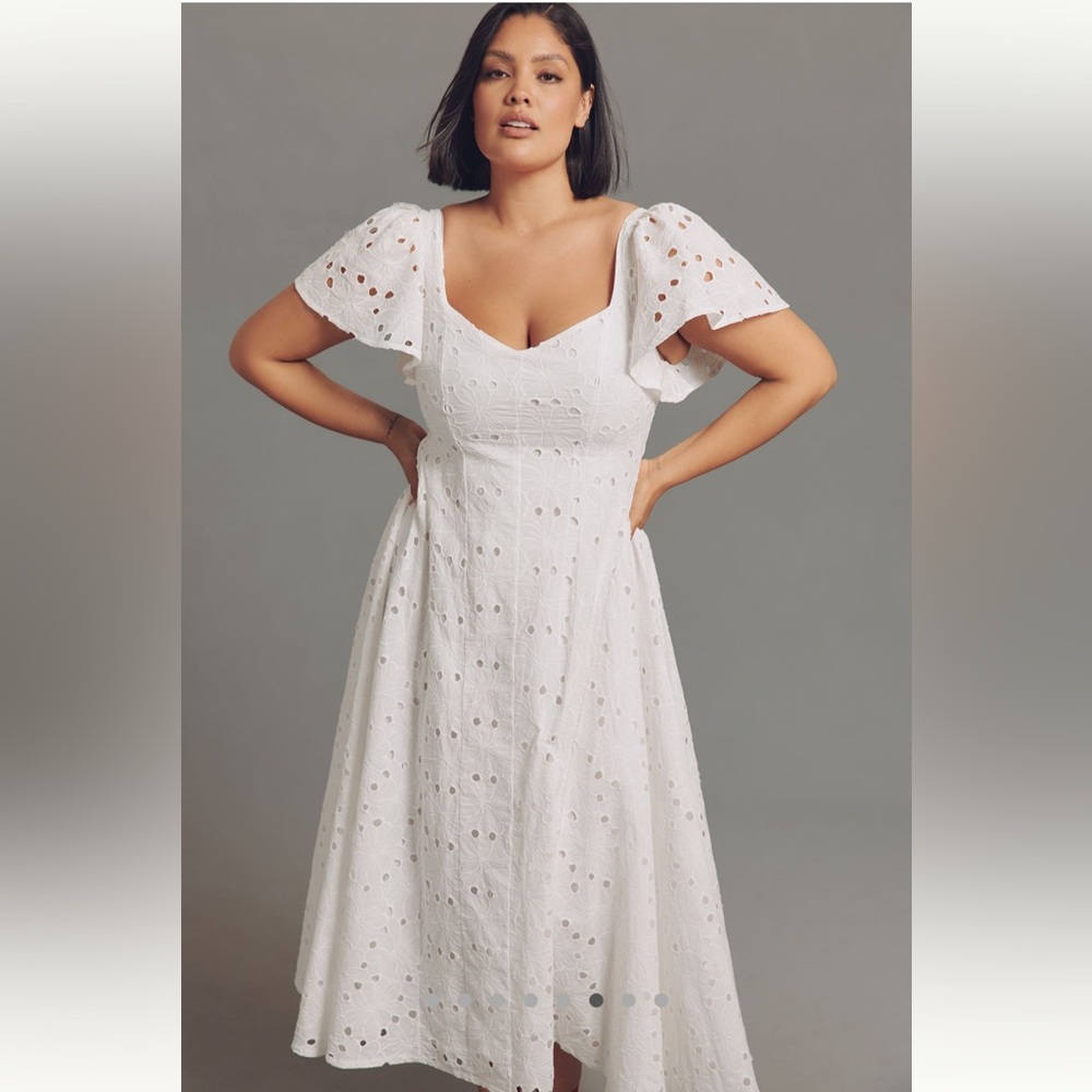 Ada Flutter-Sleeve White Eyelet midi dress NWOT